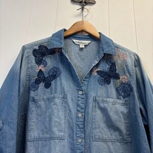 Tantrums Women Boho Butterfly Embroidered Denim Shirt XL Cottage Western Chic